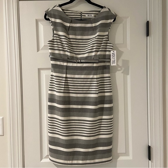 Vicky Tiel Women's Sleeveless Gray/White Sheath Lined Midi Dress NWT Sz 10 - Picture 6 of 12